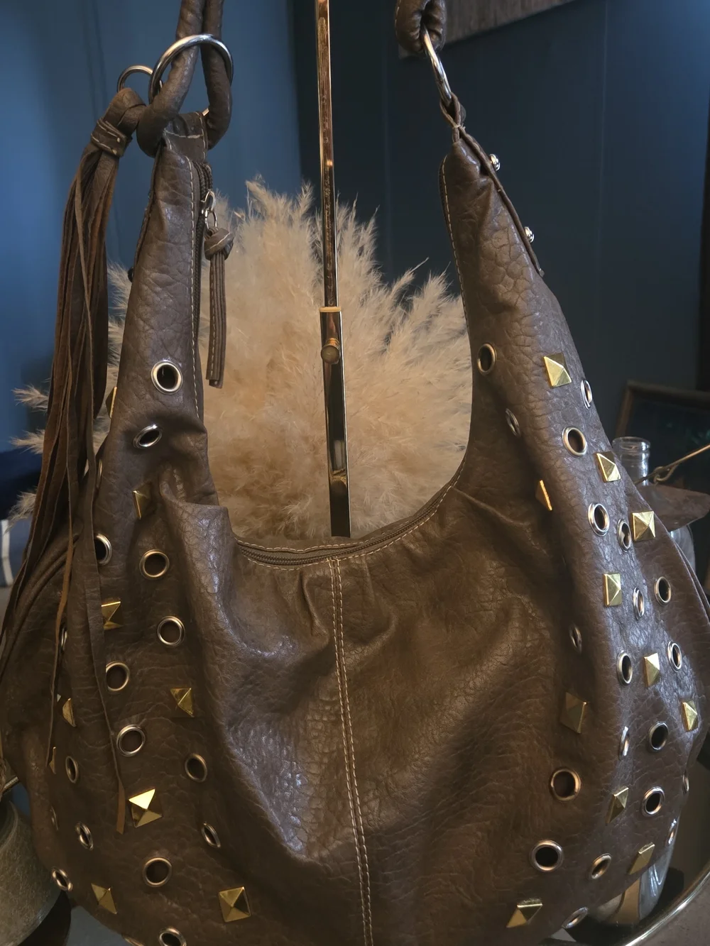 Y2K Brown Studded Grommet Fringe Hobo Bag Boho Rocker